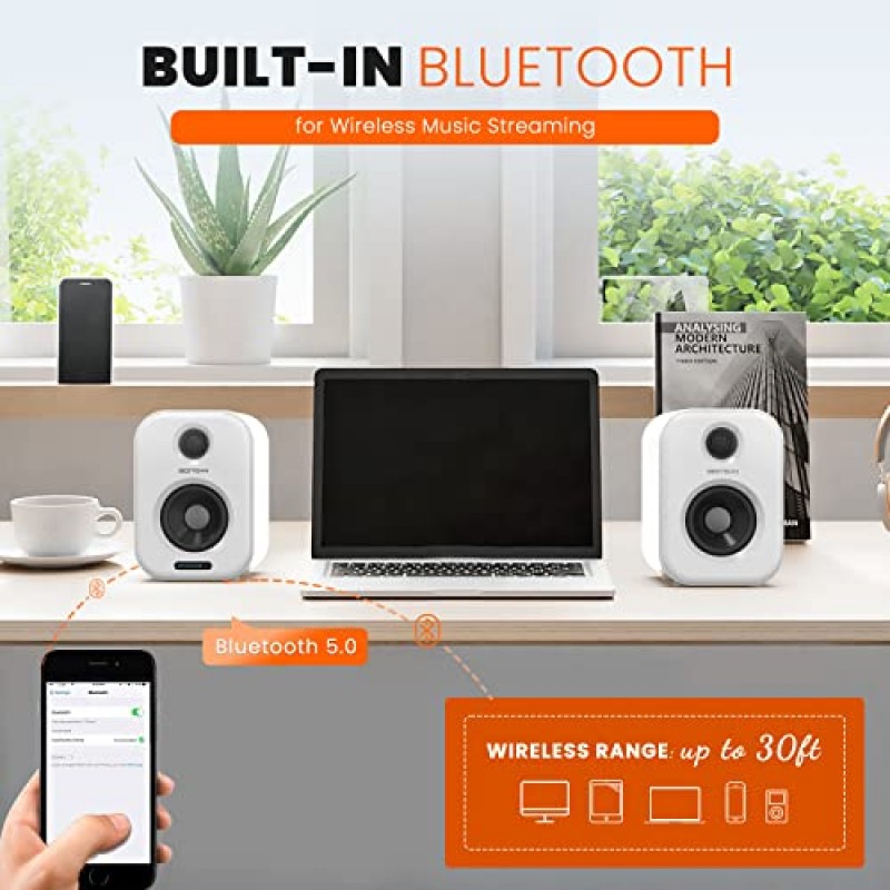 Bluetooth 5.0 및 유선 광학 RCA 입력 포트, 저음 및 고음 조절 가능, 깊은 저음, 3가지 오디오 모드 설계, 원격 제어 기능을 갖춘 BESTISAN 50W 전원 책장형 스피커