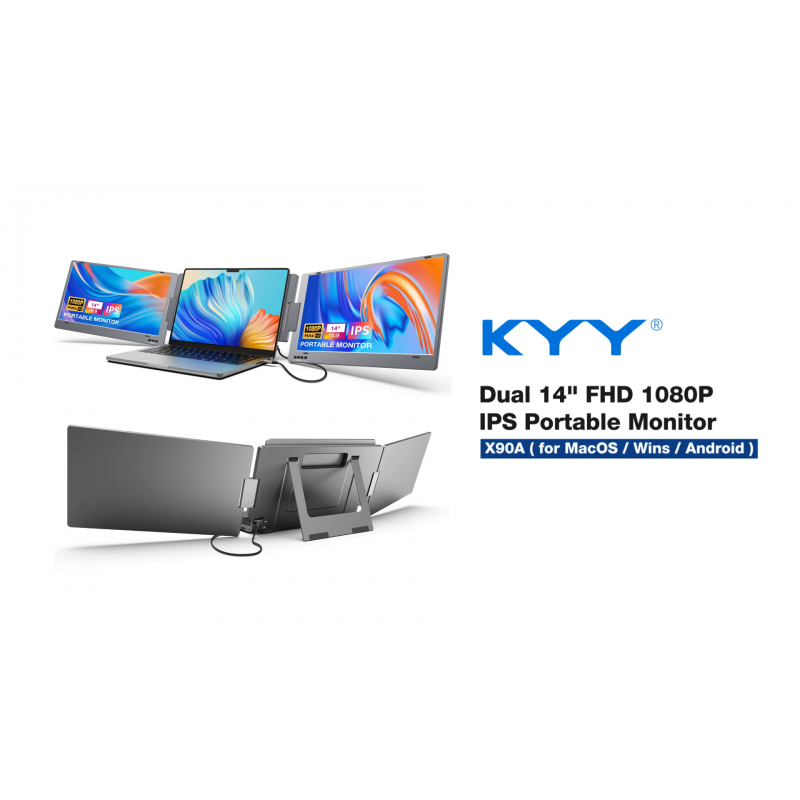 KYY 노트북 화면 확장기, 노트북 IPS 컴퓨터 디스플레이용 14인치 FHD 1080P USB-C 트리플 휴대용 모니터, 트리플 스크린용 듀얼 모니터, 12