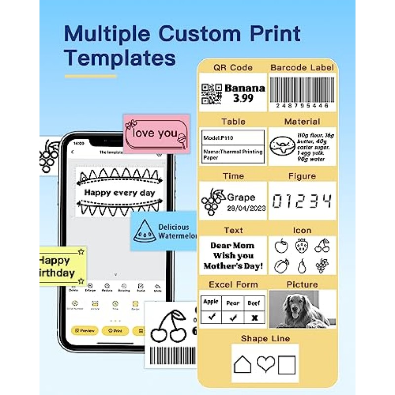 NELKO P110 라벨 메이커, 휴대용 블루투스 열전사 라벨 프린터, 주소, 가정, 사무실, 조직용 테이프가 있는 라벨 메이커 기계, Android 및 iOS 시스템과 호환 가능, 1롤 라벨 포함, 검정색