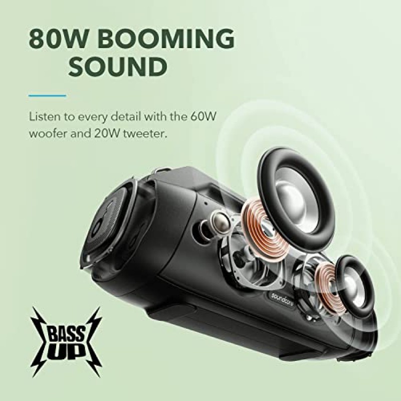 Soundcore Anker Motion Boom Plus IP67 휴대용 스피커, 80W 스테레오 사운드, 맞춤형 EQ 및 BassUp, USB-C, Bluetooth, 내장 전원 은행, 캠핑, 수영장, 해변 및 뒷마당용 방수 Bluetooth 스피커