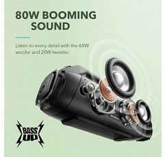 Soundcore Anker Motion Boom Plus IP67 휴대용 스피커, 80W 스테레오 사운드, 맞춤형 EQ 및 BassUp, USB-C, Bluetooth, 내장 전원 은행, 캠핑, 수영장, 해변 및 뒷마당용 방수 Bluetooth 스피커