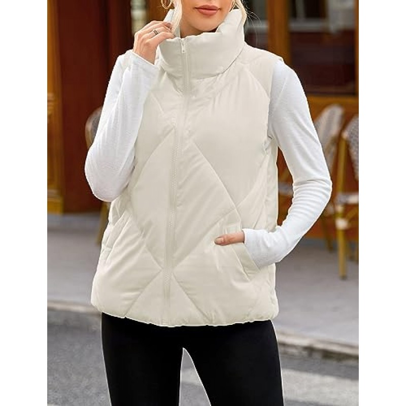MEROKEETY 여성용 퍼퍼 조끼 민소매 지퍼 업 퀼트 코트 스탠드 칼라 Gilet Jacket With Pockets