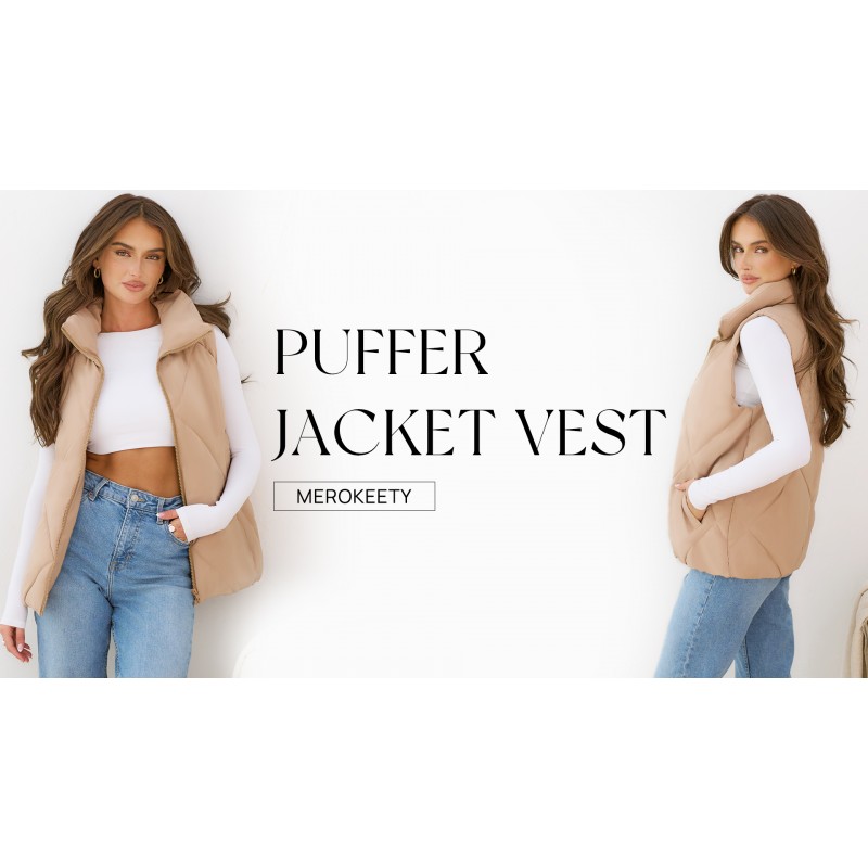 MEROKEETY 여성용 퍼퍼 조끼 민소매 지퍼 업 퀼트 코트 스탠드 칼라 Gilet Jacket With Pockets
