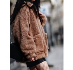 Comeon 여성 코트 캐주얼 옷깃 양털 퍼지 가짜 양털 지퍼 코트 따뜻한 겨울 오버 사이즈 아웃웨어 자켓