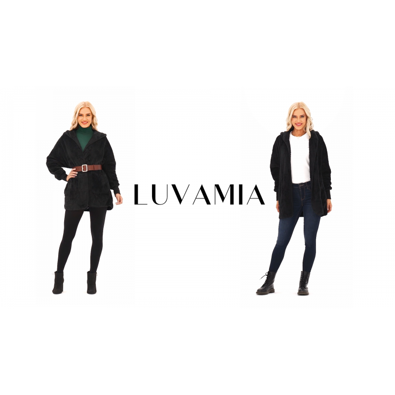 luvamia 여성 퍼지 플리스 오픈 프론트 포켓 후드 카디건 자켓 코트 아웃웨어
