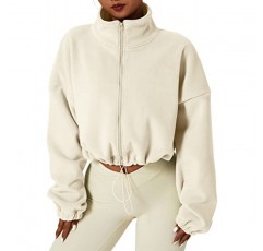 QINSEN 여성용 풀 지퍼 플리스 쇼트 자켓 따뜻한 겨울 긴 소매 스탠드 칼라 셰르파 크롭 코트