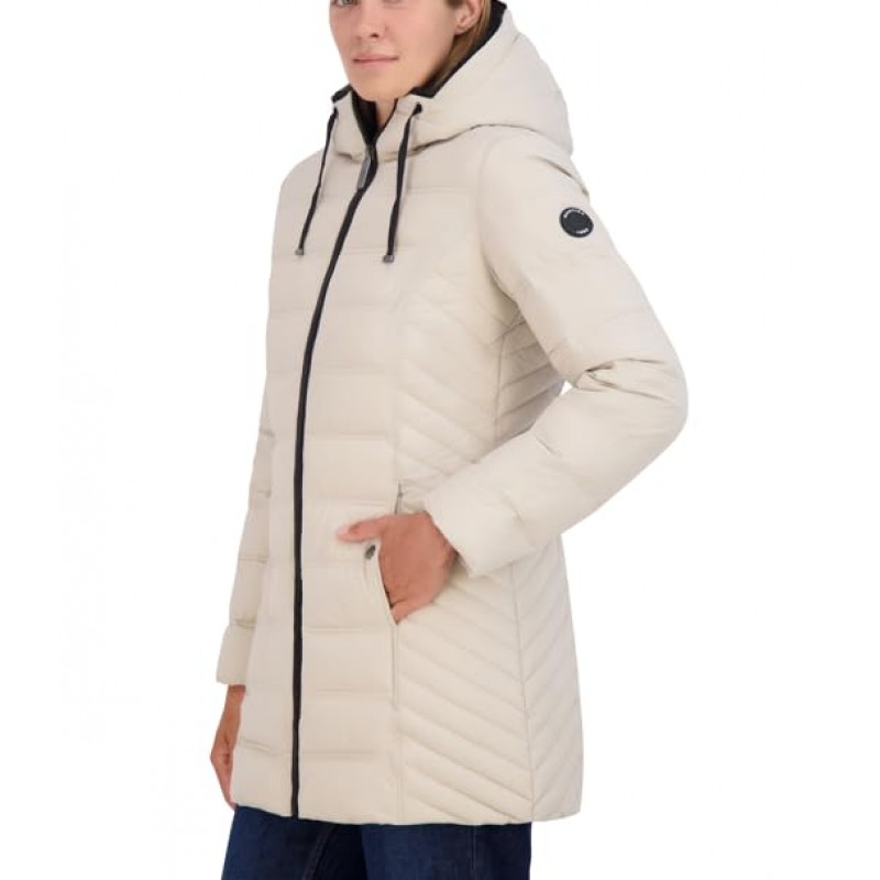 Nautica 여성용 3/4 스트레치 패딩 재킷, 모피 후드 및 하프백