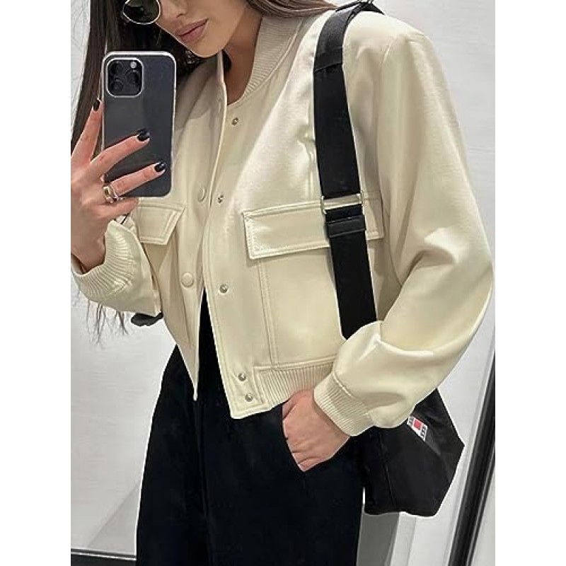 Fisoew Womens Cropped Bomber Jackets 캐주얼 버튼 다운 긴 소매 스탠드 칼라 코트(포켓 포함)