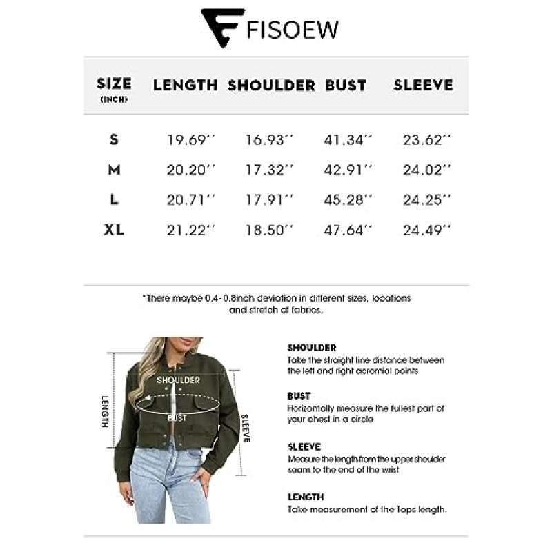 Fisoew Womens Cropped Bomber Jackets 캐주얼 버튼 다운 긴 소매 스탠드 칼라 코트(포켓 포함)