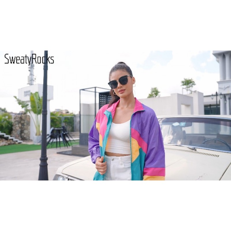 SweatyRocks 여성용 지퍼 업 컬러 블록 경량 자켓 패치 워크 스포츠 윈드 브레이커 자켓 코트 겉옷