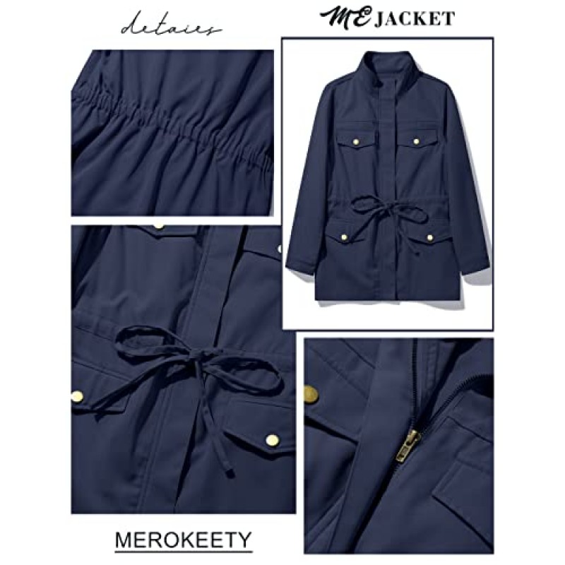 MEROKEETY 여성용 긴 소매 밀리터리 자켓 지퍼 업 유틸리티 드로우 스트링 허리 아노락 코트 (포켓 포함)