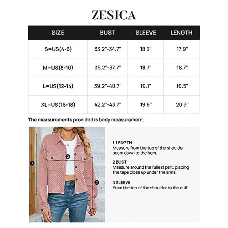 ZESICA 여성 가을 ​​캐주얼 샤켓 재킷 2023 긴 소매 버튼 다운 경량 크롭 셔츠 포켓이 있는 아우터 코트