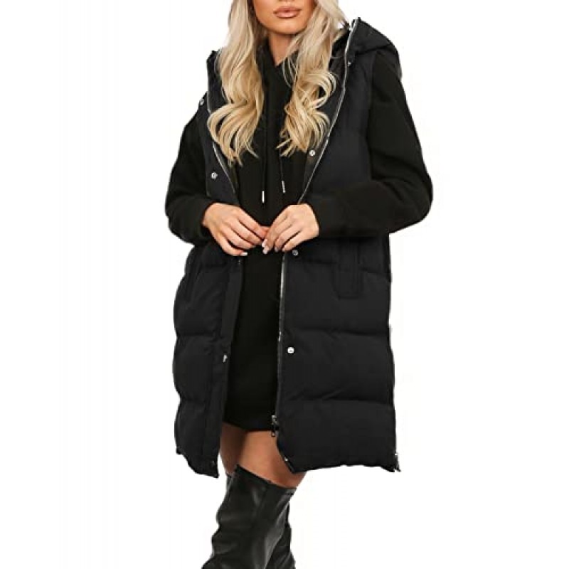 Inorin Womens Down Vest with Stand Collar 두꺼운 후드 민소매 롱 코트 자켓