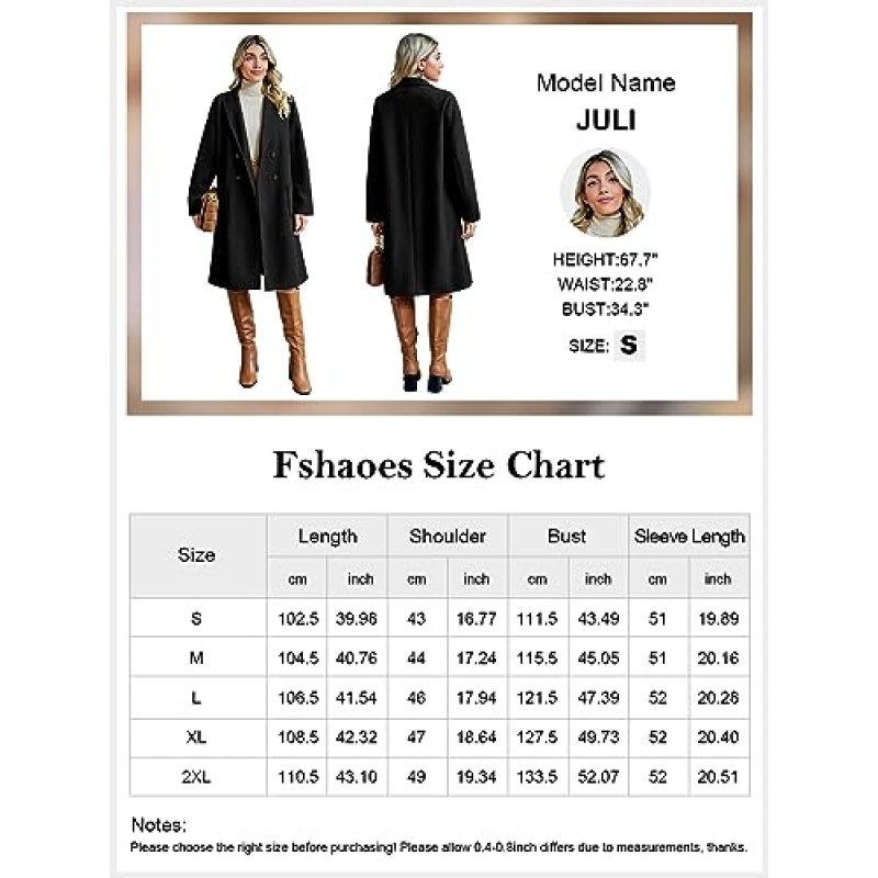 FSHAOES Womens Lapel Peacoat 겨울 더블 브레스트 아우터 미드 롱 자켓 캐주얼 트렌치 코트