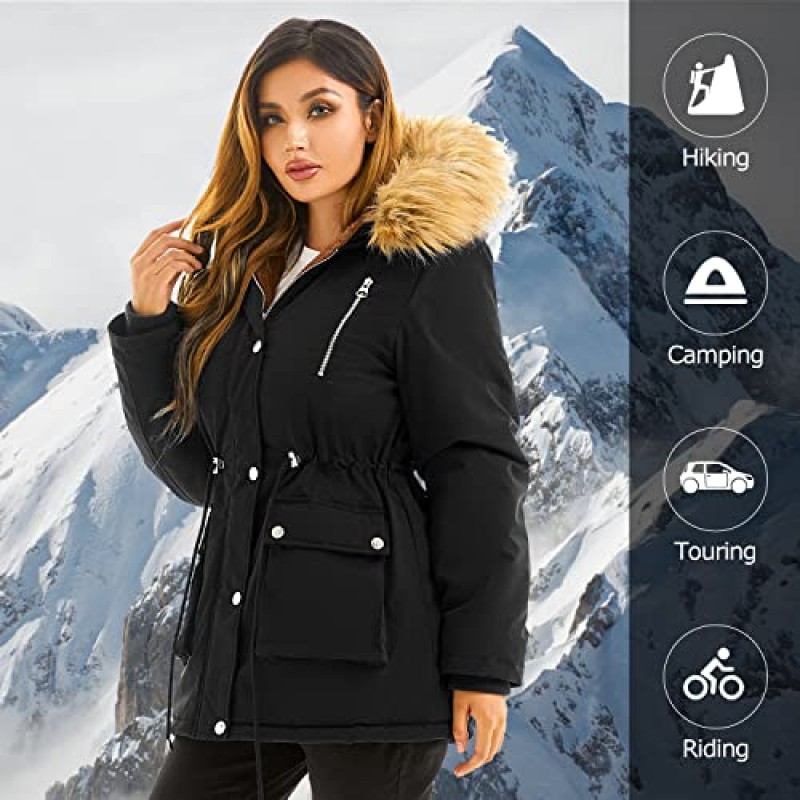 Garemcy Womens 겨울 발수 코트 Thicken Puffer Jacket 모피 후드 코트가있는 따뜻한 양털 안감 파카