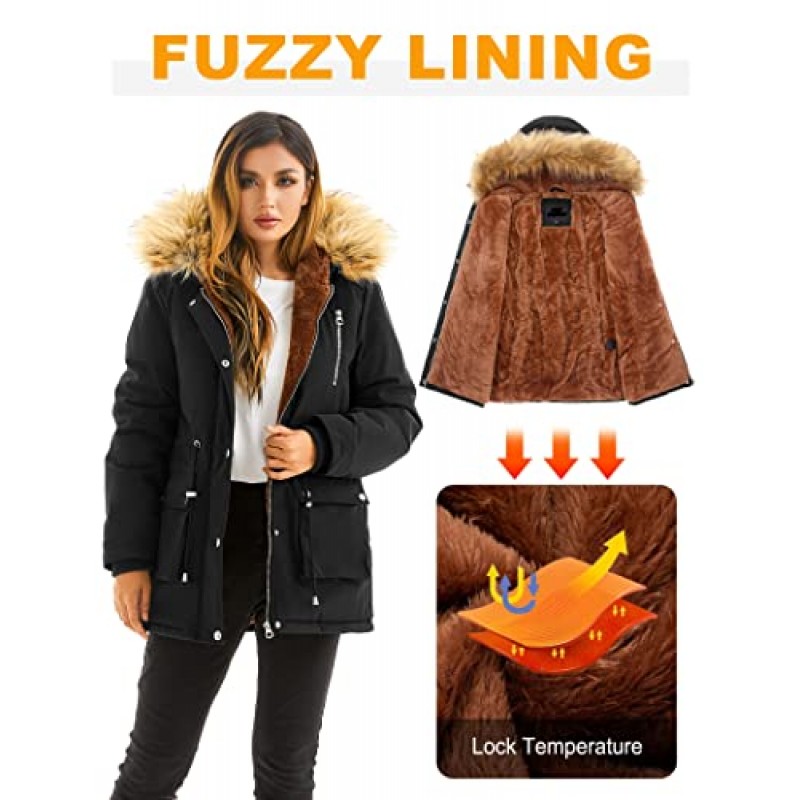 Garemcy Womens 겨울 발수 코트 Thicken Puffer Jacket 모피 후드 코트가있는 따뜻한 양털 안감 파카