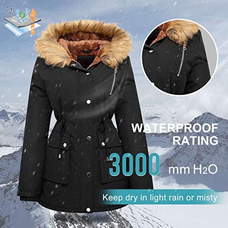Garemcy Womens 겨울 발수 코트 Thicken Puffer Jacket 모피 후드 코트가있는 따뜻한 양털 안감 파카