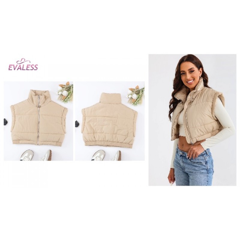 EVALESS 퍼퍼 조끼 여성 자른 경량 민소매 스탠드 칼라 지퍼 업 자켓 겨울 따뜻한 패딩 Gilet 겉옷 코트