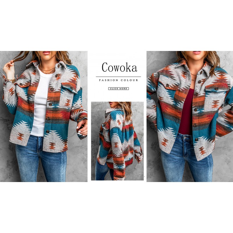 COWOKA 여성용 빈티지 아즈텍 프린트 패턴 루즈 샤켓 버튼 다운 긴 소매 모직 자켓 셔츠 코트