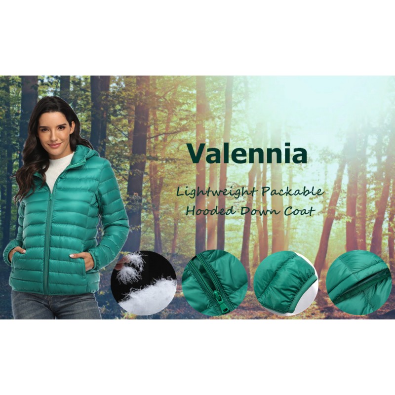 Valennia 여성용 쇼트 다운 코트 패커블 퍼퍼 재킷, 후드 겨울 초경량 아우터웨어 포함