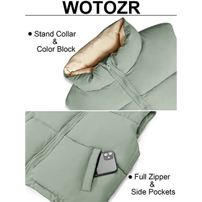 WOTOZR 여성용 겨울 퍼퍼 조끼 지퍼 업 민소매 퀼트 다운 자켓 코트 포켓이있는 패딩 Gilet
