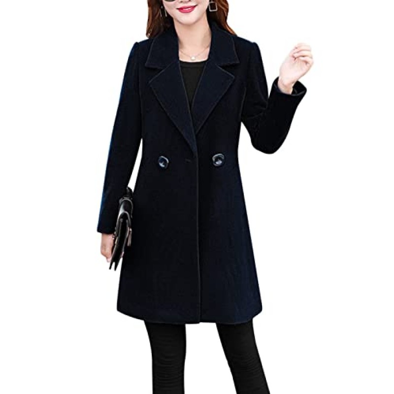 Tanming Womens 우아한 노치 칼라 버튼 울 혼합 솔리드 롱 완두콩 코트 오버코트