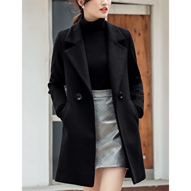 Tanming Womens 우아한 노치 칼라 버튼 울 혼합 솔리드 롱 완두콩 코트 오버코트