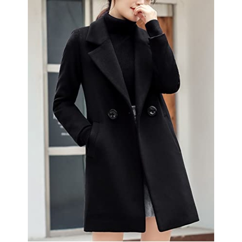 Tanming Womens 우아한 노치 칼라 버튼 울 혼합 솔리드 롱 완두콩 코트 오버코트