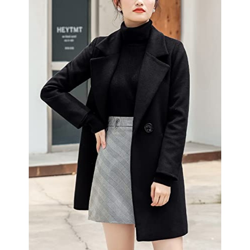 Tanming Womens 우아한 노치 칼라 버튼 울 혼합 솔리드 롱 완두콩 코트 오버코트