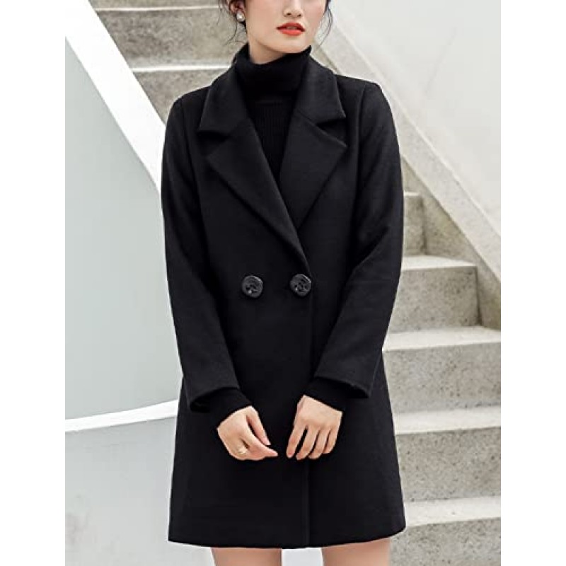 Tanming Womens 우아한 노치 칼라 버튼 울 혼합 솔리드 롱 완두콩 코트 오버코트
