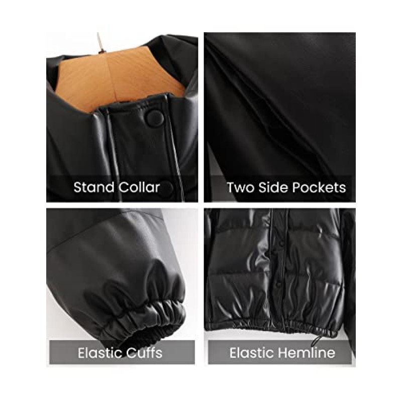 Tanming Womens Faux Leather Puffer Jacket 겨울 긴 소매 검정색 짧은 버블 코트