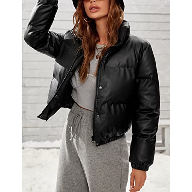 Tanming Womens Faux Leather Puffer Jacket 겨울 긴 소매 검정색 짧은 버블 코트