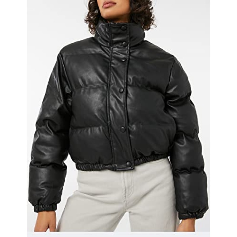 Tanming Womens Faux Leather Puffer Jacket 겨울 긴 소매 검정색 짧은 버블 코트