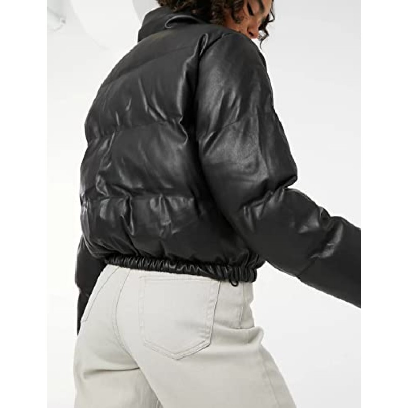 Tanming Womens Faux Leather Puffer Jacket 겨울 긴 소매 검정색 짧은 버블 코트