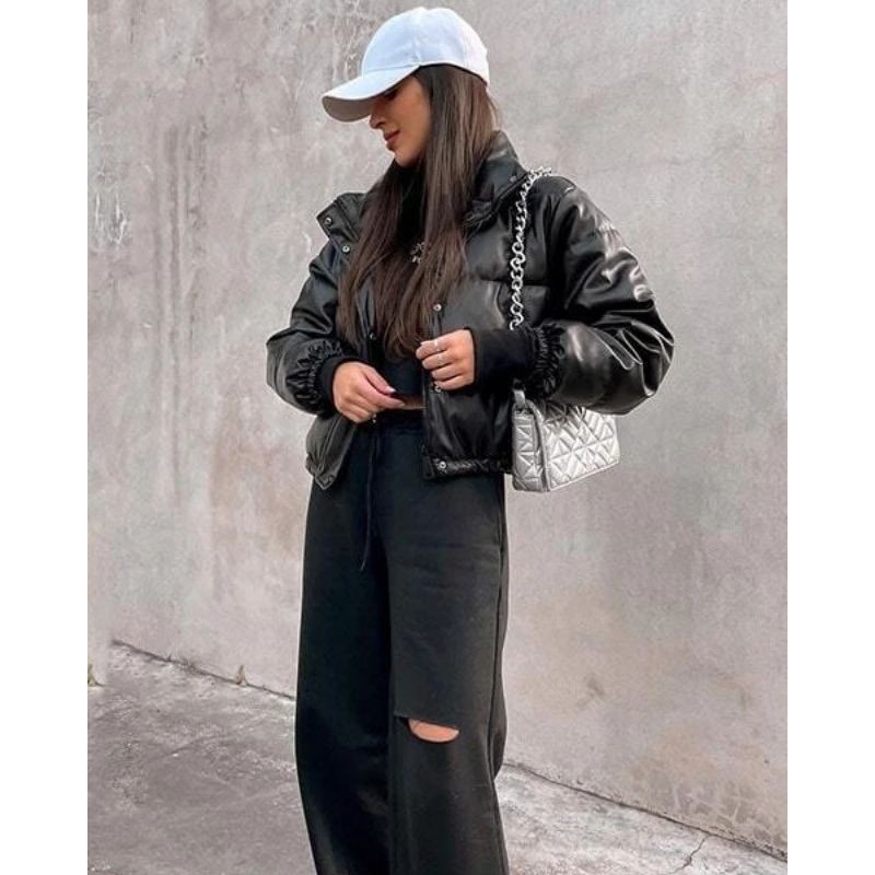 Tanming Womens Faux Leather Puffer Jacket 겨울 긴 소매 검정색 짧은 버블 코트