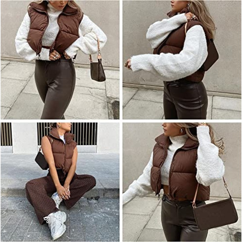 Daacee 여성용 경량 겨울 자르기 퍼퍼 조끼 따뜻한 민소매 지퍼 업 스탠드 칼라 패딩 Gilet