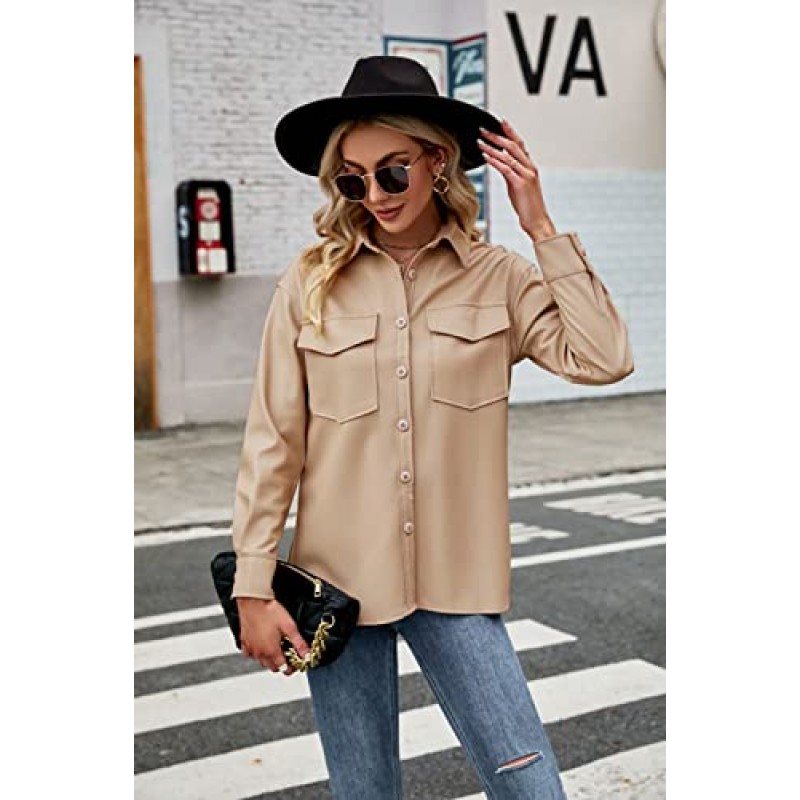 FERNGIRL Womens Button Front Faux PU 가죽 자켓 Shacket 캐주얼 셔츠 긴 소매 블레이저 코트(바스트 포켓 포함)