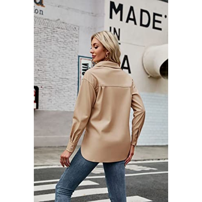 FERNGIRL Womens Button Front Faux PU 가죽 자켓 Shacket 캐주얼 셔츠 긴 소매 블레이저 코트(바스트 포켓 포함)