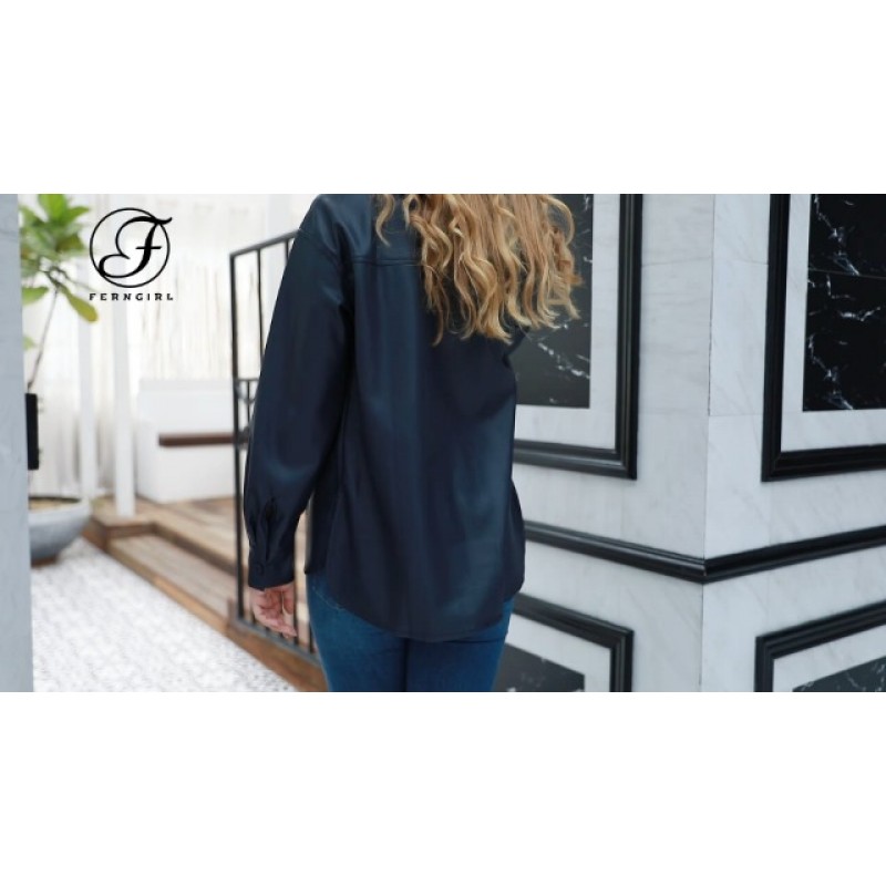 FERNGIRL Womens Button Front Faux PU 가죽 자켓 Shacket 캐주얼 셔츠 긴 소매 블레이저 코트(바스트 포켓 포함)