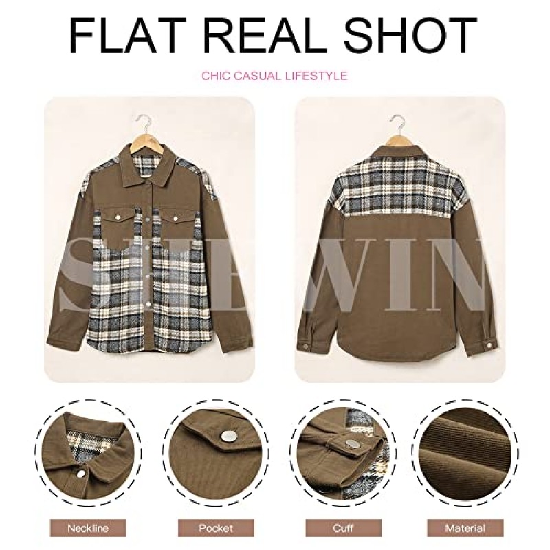 SHEWIN 여성 데님 재킷 긴 소매 격자 무늬 버튼 다운 셔츠 Shacket Jacket