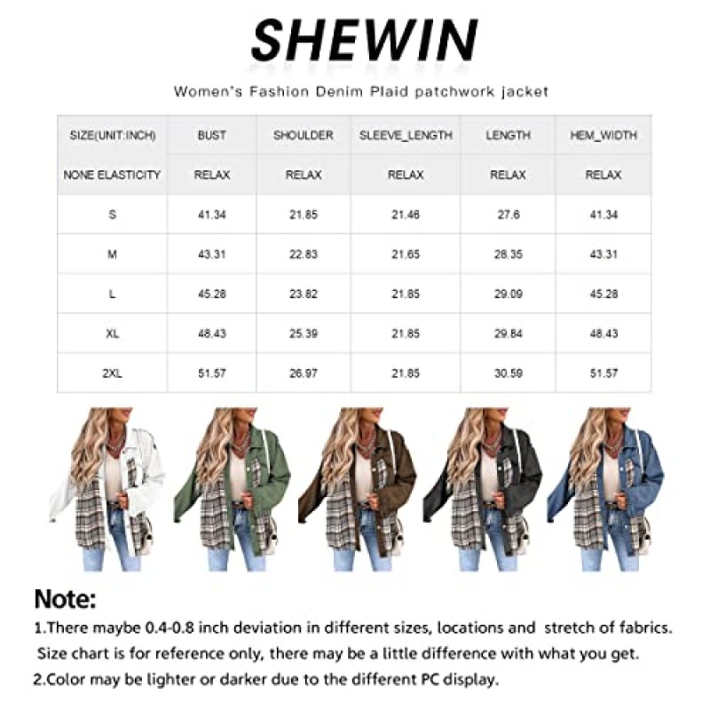 SHEWIN 여성 데님 재킷 긴 소매 격자 무늬 버튼 다운 셔츠 Shacket Jacket