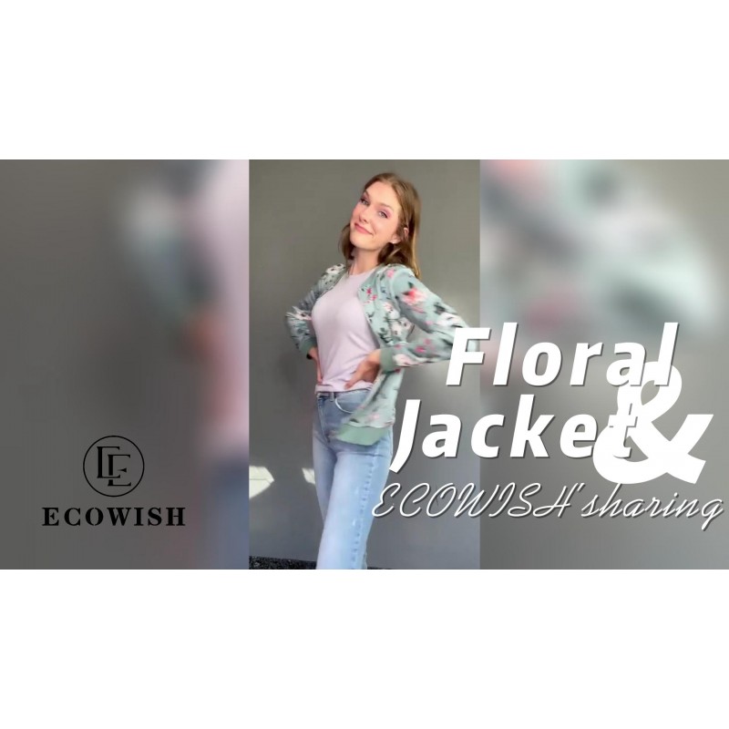 ECOWISH 여성 자켓 경량 지퍼 업 캐주얼 영감을받은 폭격기 재킷 레오파드 코트 스탠드 칼라 짧은 아웃웨어상의