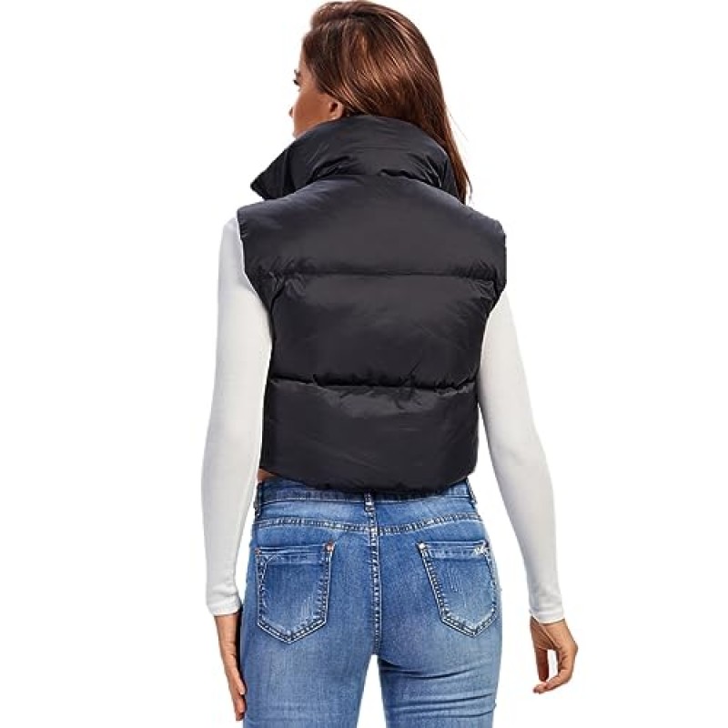 Fuinloth 여성용 패딩 조끼, 하이 스탠드 칼라 경량 지퍼 크롭 퍼퍼 질레