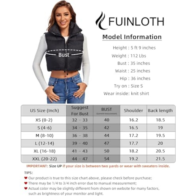 Fuinloth 여성용 패딩 조끼, 하이 스탠드 칼라 경량 지퍼 크롭 퍼퍼 질레