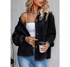 Astylish 여성용 오버사이즈 샤켓 재킷 긴 소매 니트 패치워크 버튼 다운 포켓이 있는 겉옷