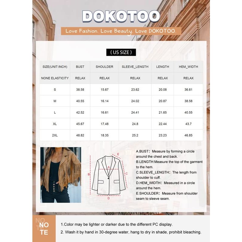 Dokotoo Womens 2023 패션 인조 스웨이드 술 재킷 옷깃 자른 오토바이 재킷 겉옷
