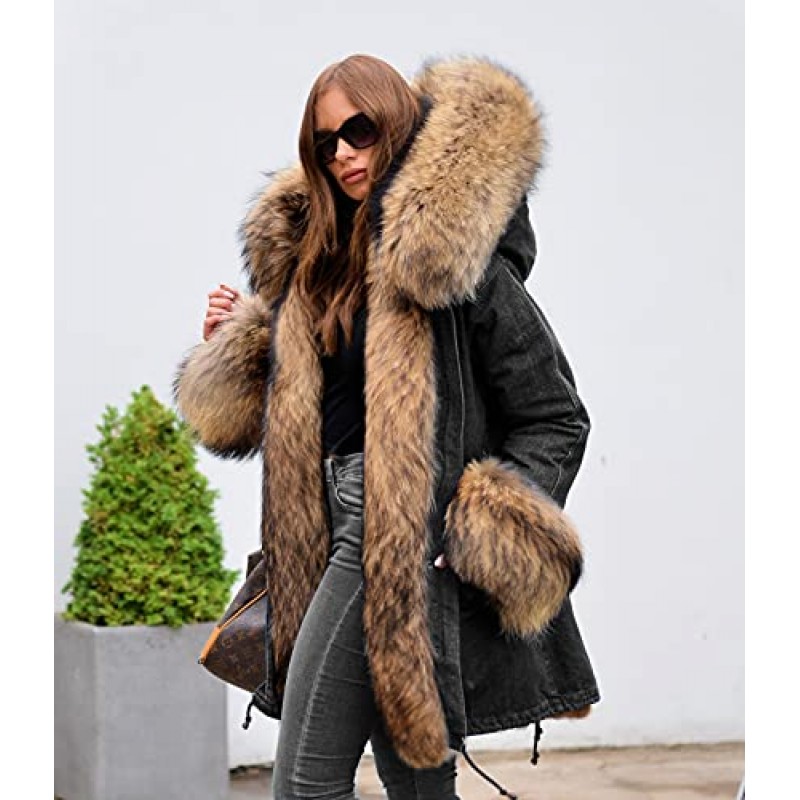 Aox 여성 패션 겨울 코트와 가짜 모피 후드 Thicken Warm Casual Plus Size Outdoor Jacket Parka