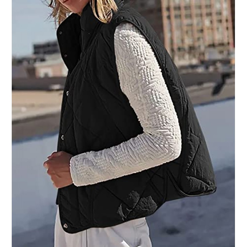 Veatzaer Womens Puffer Vest Cropped Quilted Stand Collar 경량 자켓 민소매 버튼 다운 탑