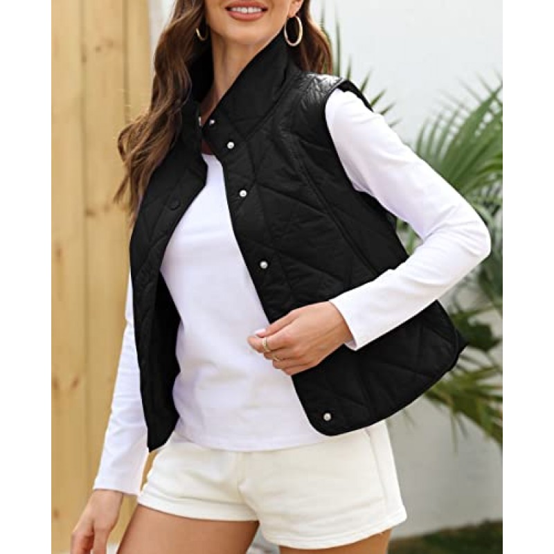 Veatzaer Womens Puffer Vest Cropped Quilted Stand Collar 경량 자켓 민소매 버튼 다운 탑