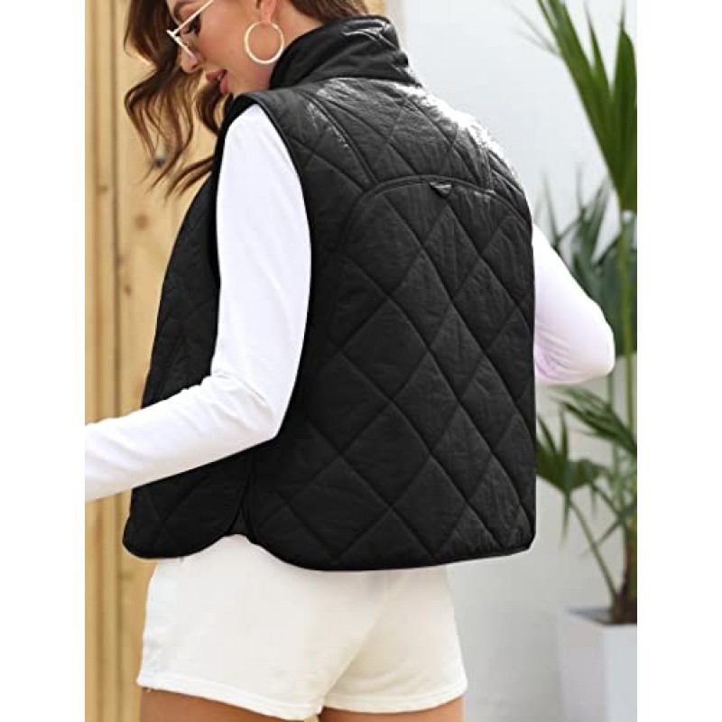 Veatzaer Womens Puffer Vest Cropped Quilted Stand Collar 경량 자켓 민소매 버튼 다운 탑
